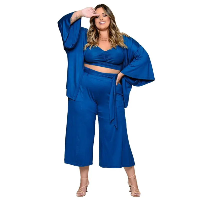 Plus Size Midi Length Wide Leg Pants With Top And Jacket Three-Piece Pants Set