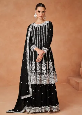 Premium Silk Embroidered Black Festive Sharara Suit