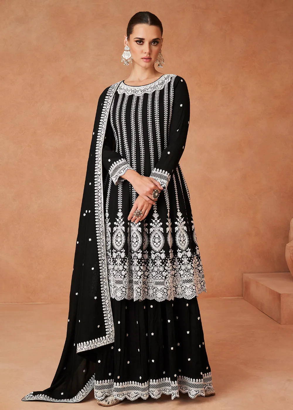 Premium Silk Embroidered Black Festive Sharara Suit