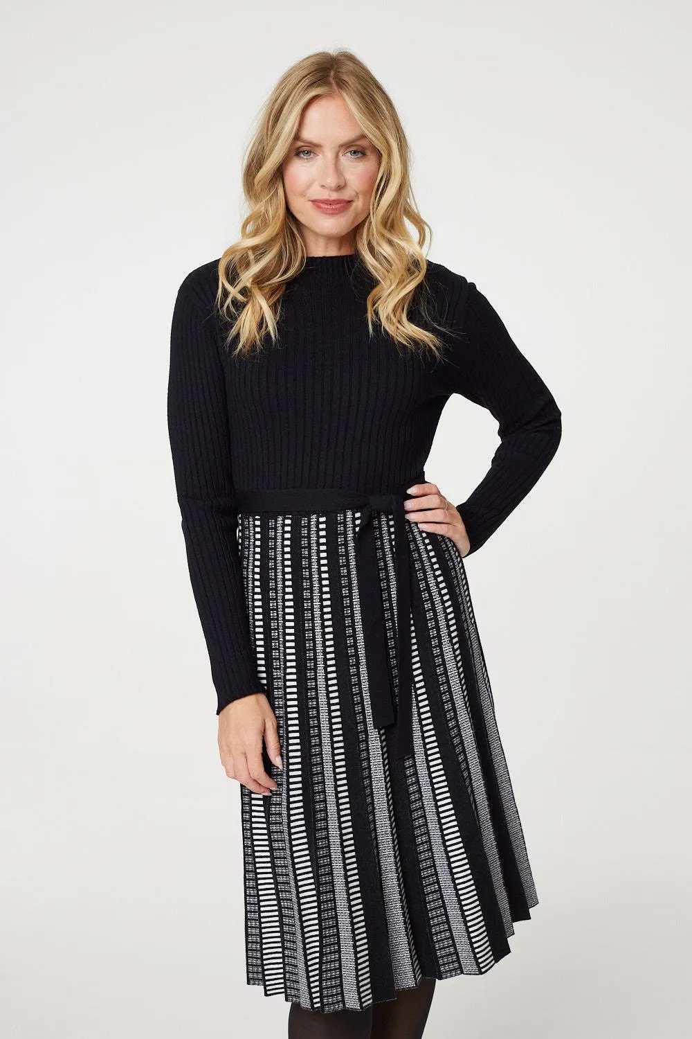 Printed Tie Waist Pleated Midi Jumper Dress