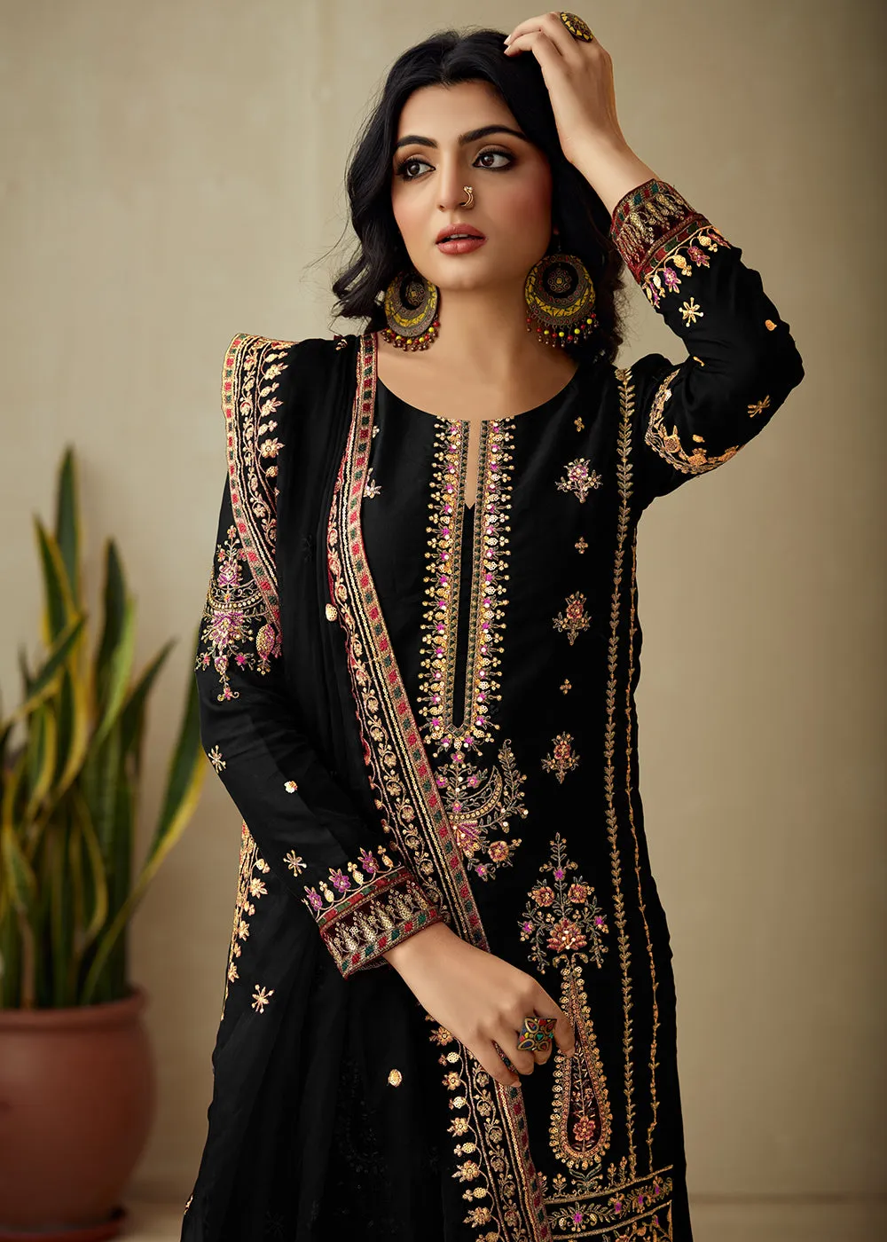 Pure Black Organza Embroidered Traditional Salwar Kameez