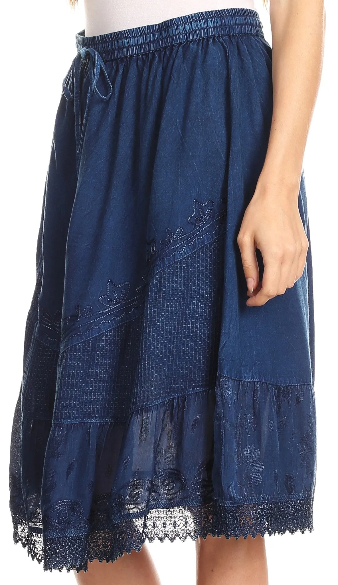 Sakkas Beren Mid Skirt Flared with Elastic Waist Embroidery Brocade and Crochet