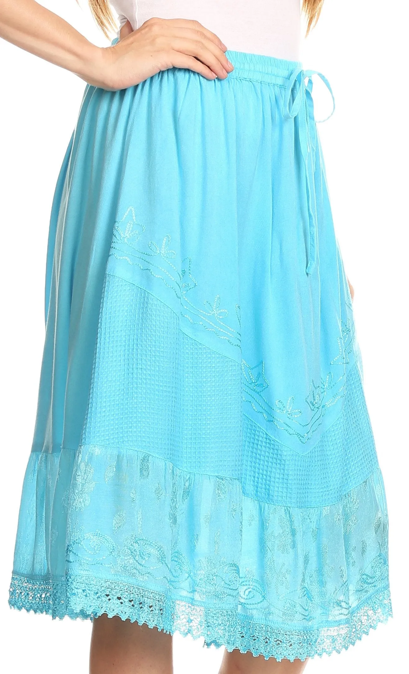 Sakkas Beren Mid Skirt Flared with Elastic Waist Embroidery Brocade and Crochet