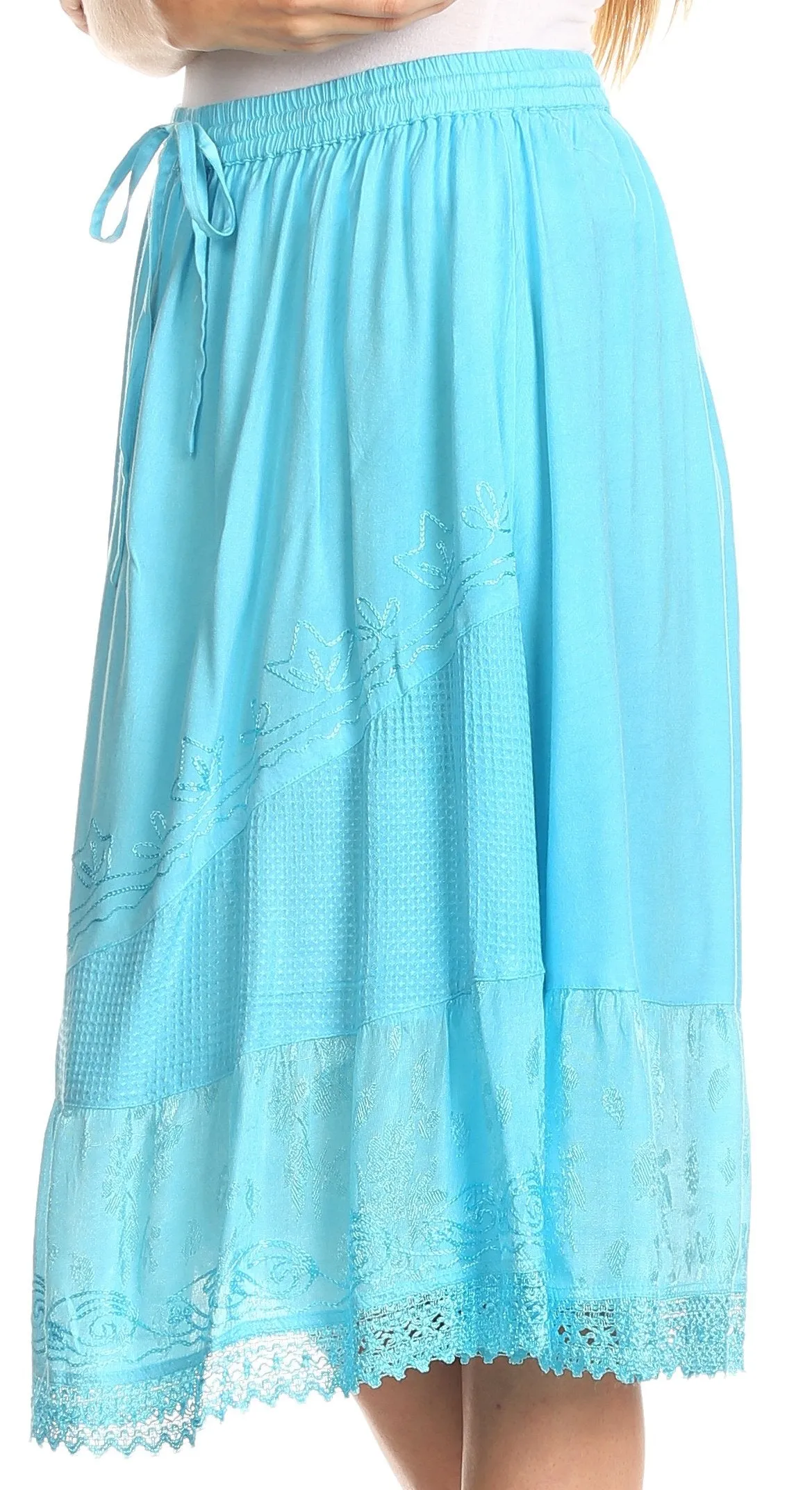 Sakkas Beren Mid Skirt Flared with Elastic Waist Embroidery Brocade and Crochet