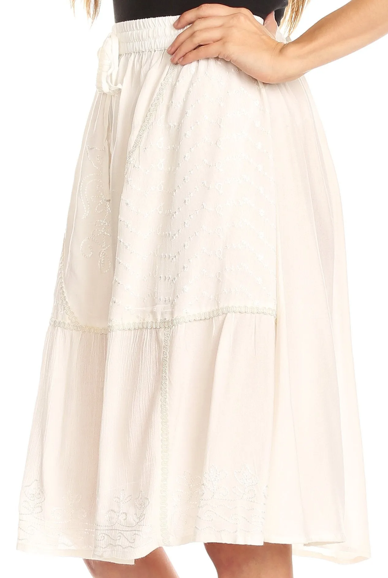 Sakkas Beren Mid Skirt Flared with Elastic Waist Embroidery Brocade and Crochet