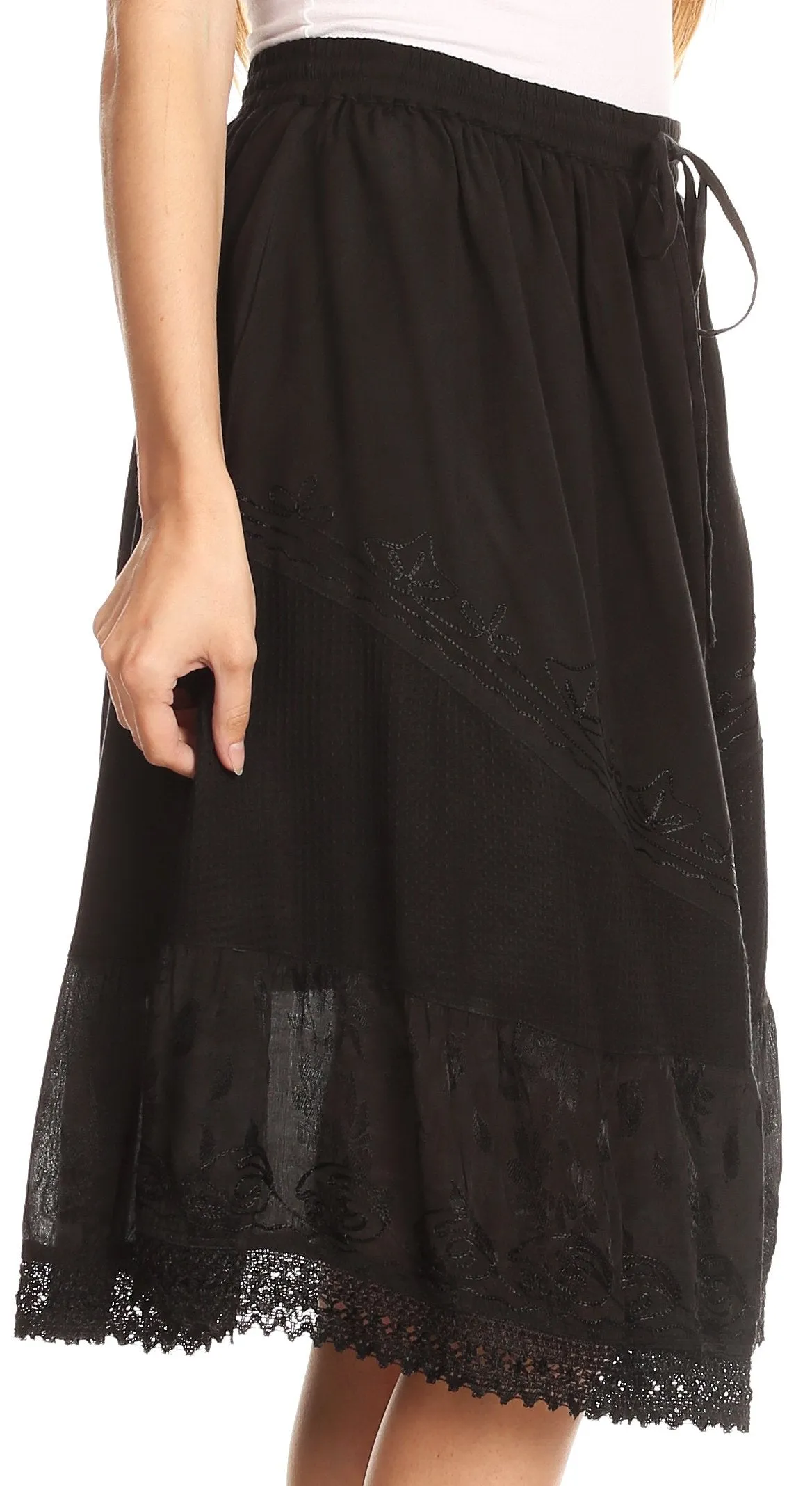 Sakkas Beren Mid Skirt Flared with Elastic Waist Embroidery Brocade and Crochet