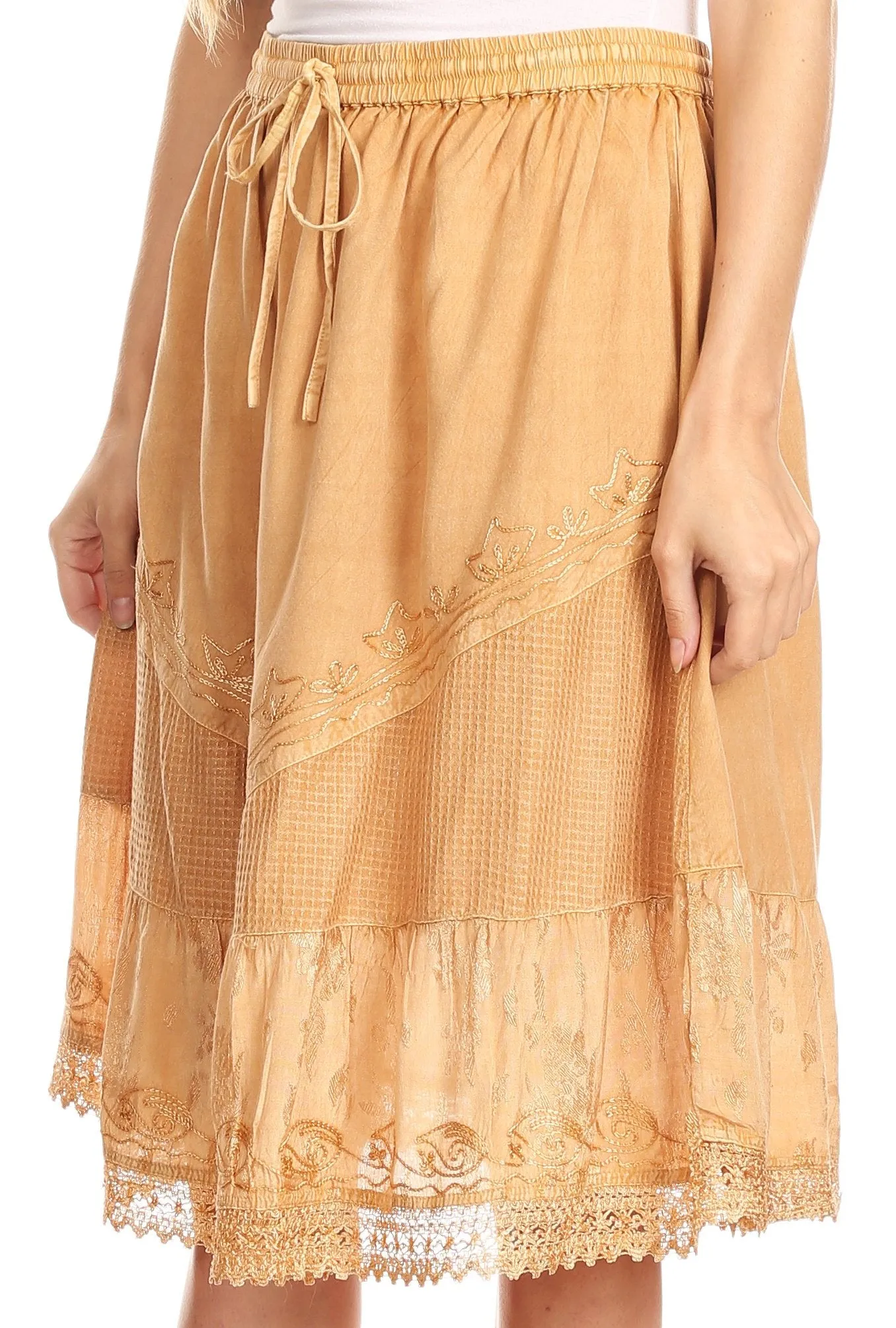 Sakkas Beren Mid Skirt Flared with Elastic Waist Embroidery Brocade and Crochet