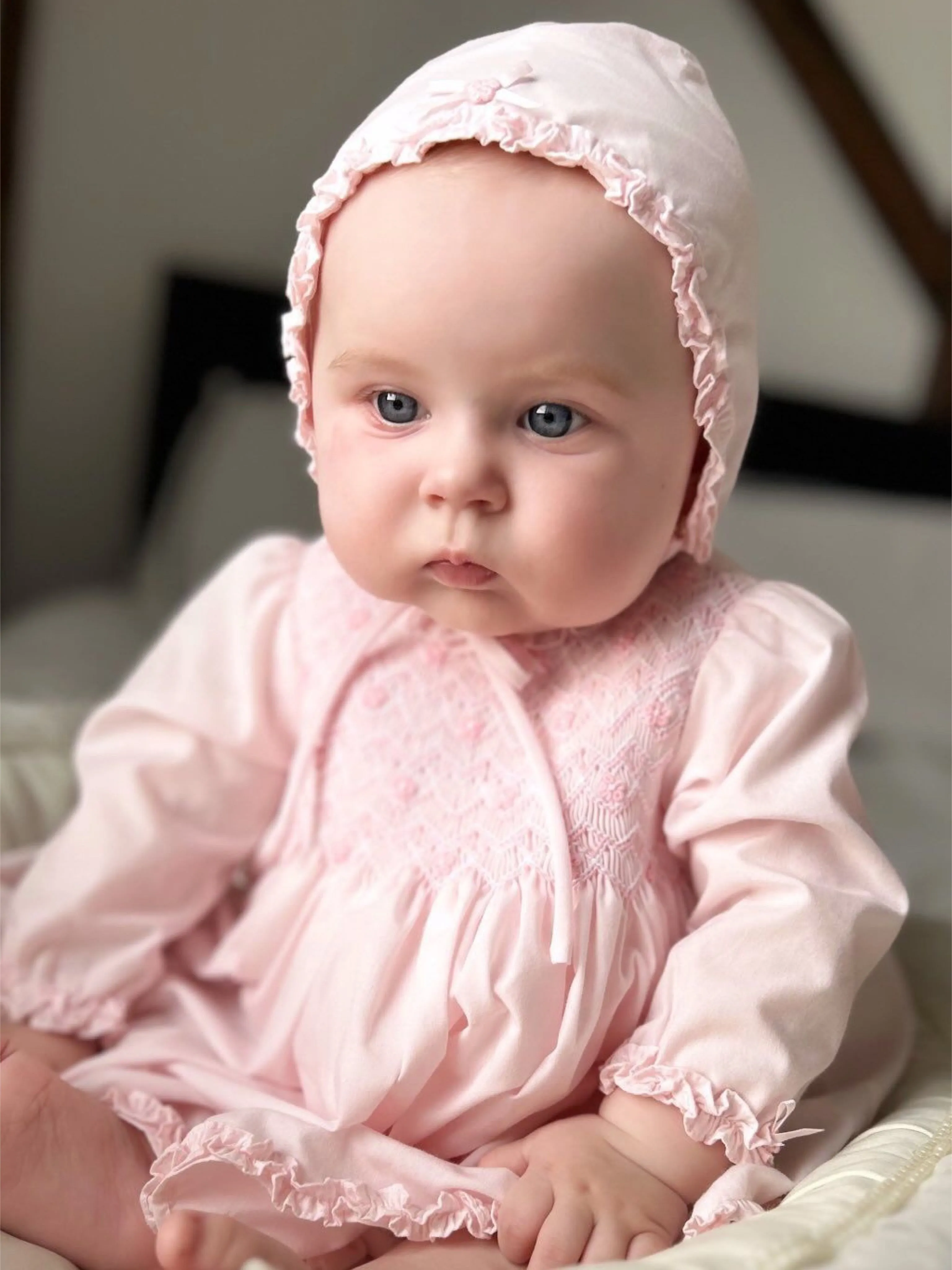 Sarah Louise pink dress, bonnet & knicker set