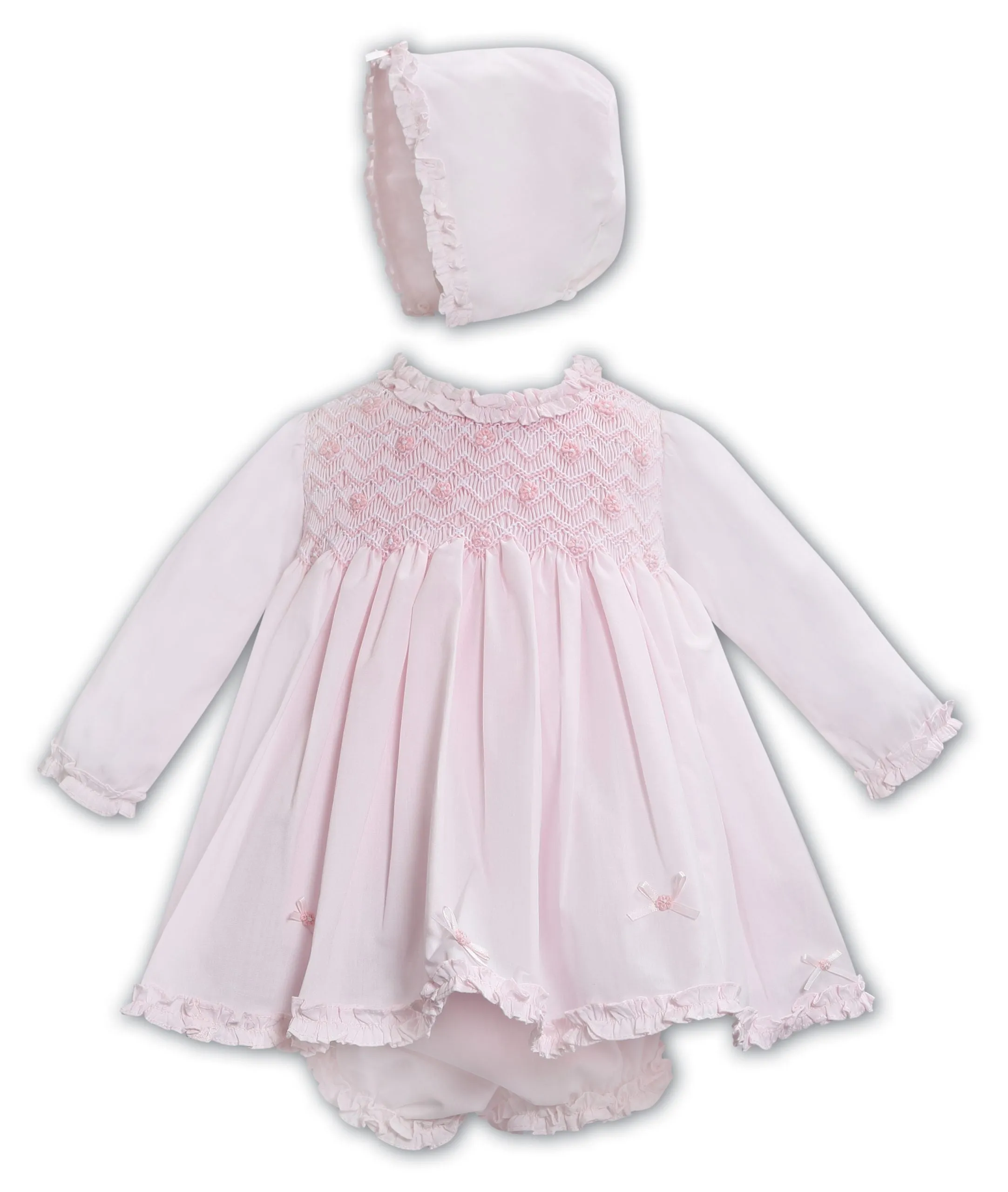 Sarah Louise pink dress, bonnet & knicker set