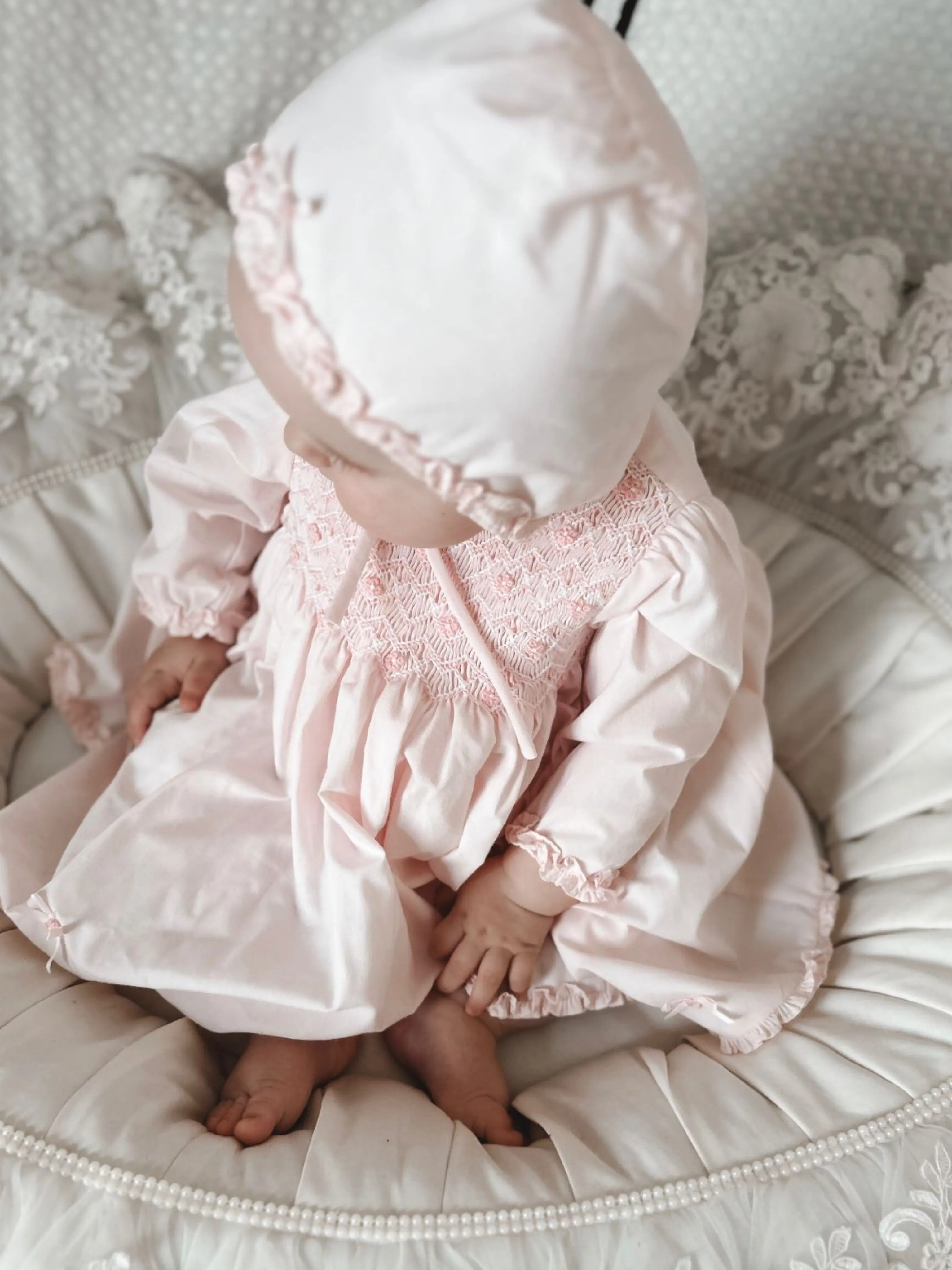 Sarah Louise pink dress, bonnet & knicker set