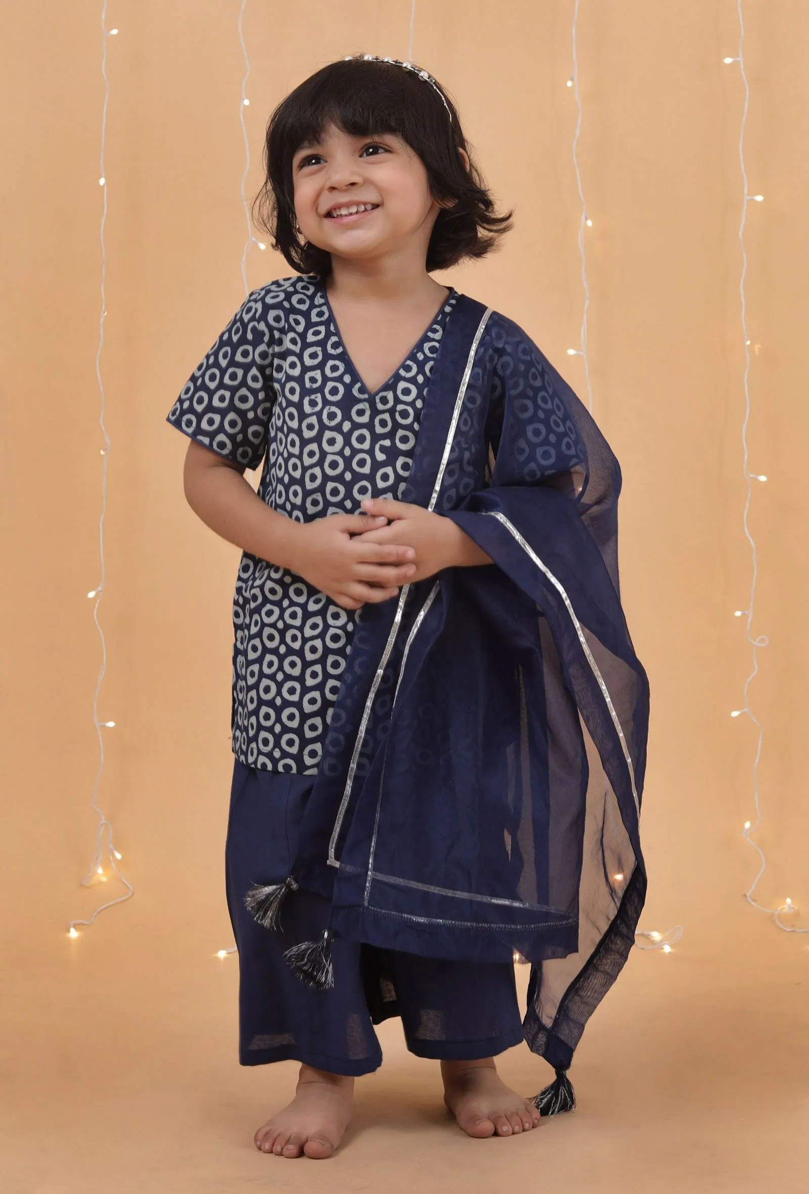 Set Of 3: Indigo Printed Straight Cotton Kurta, Palazzo & Organza Dupatta