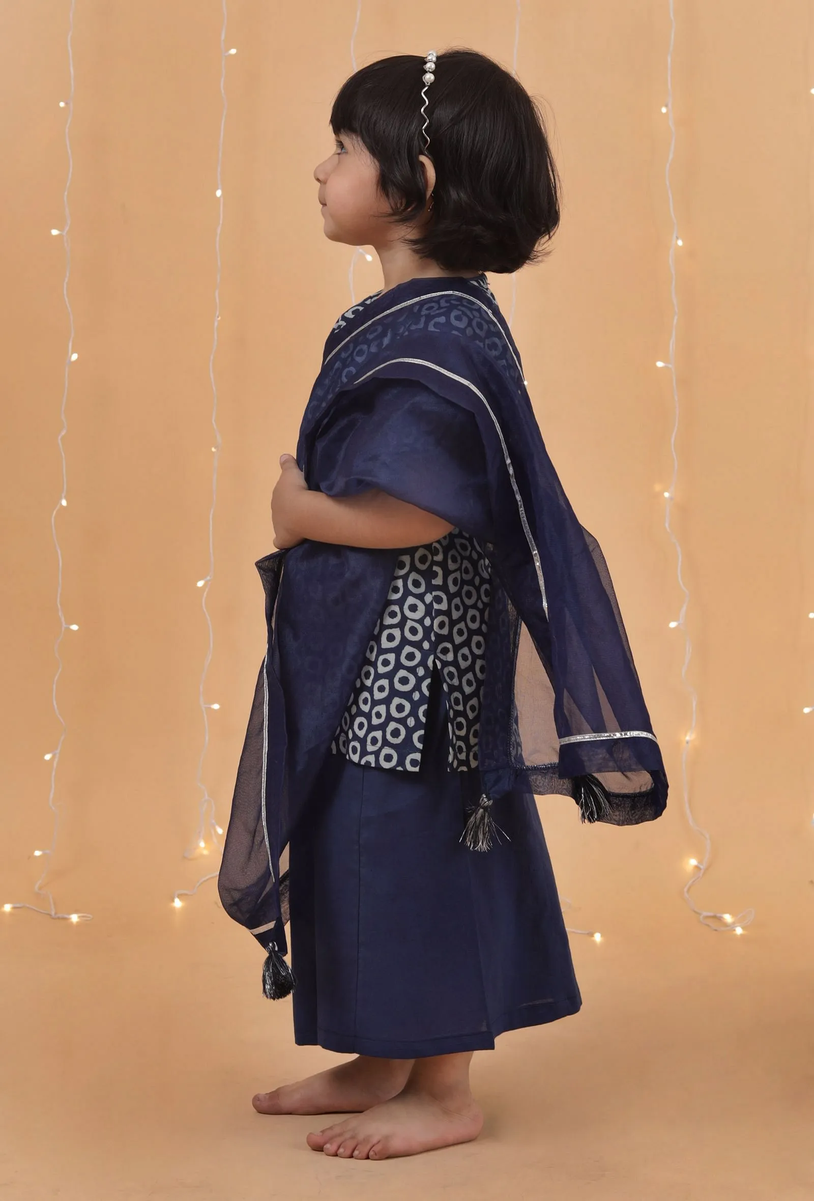 Set Of 3: Indigo Printed Straight Cotton Kurta, Palazzo & Organza Dupatta