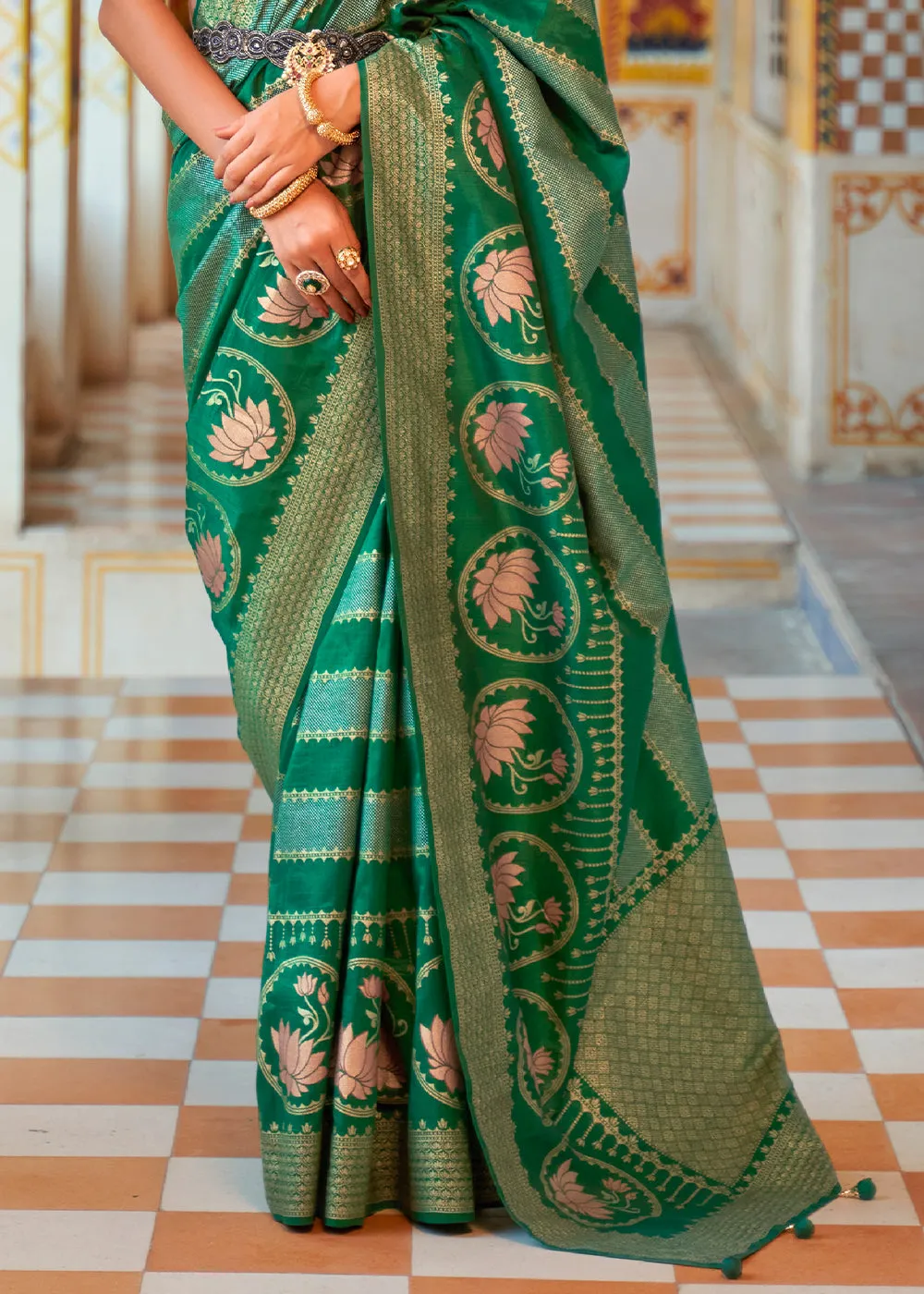 Shades Of Green Zari Woven Banarasi Silk Saree