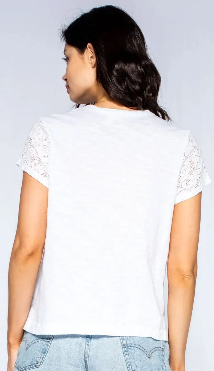 Shrunken Crew Tee with Lace Sleeves - White