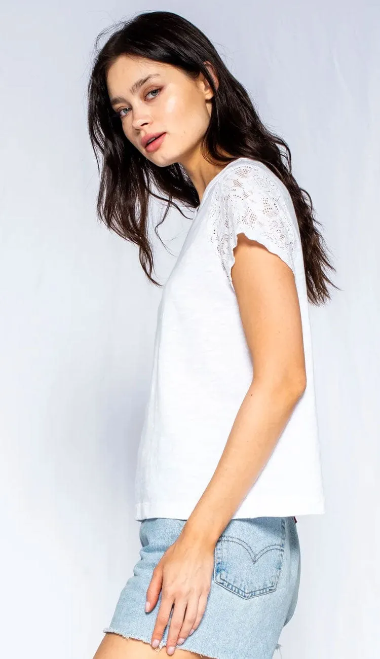 Shrunken Crew Tee with Lace Sleeves - White