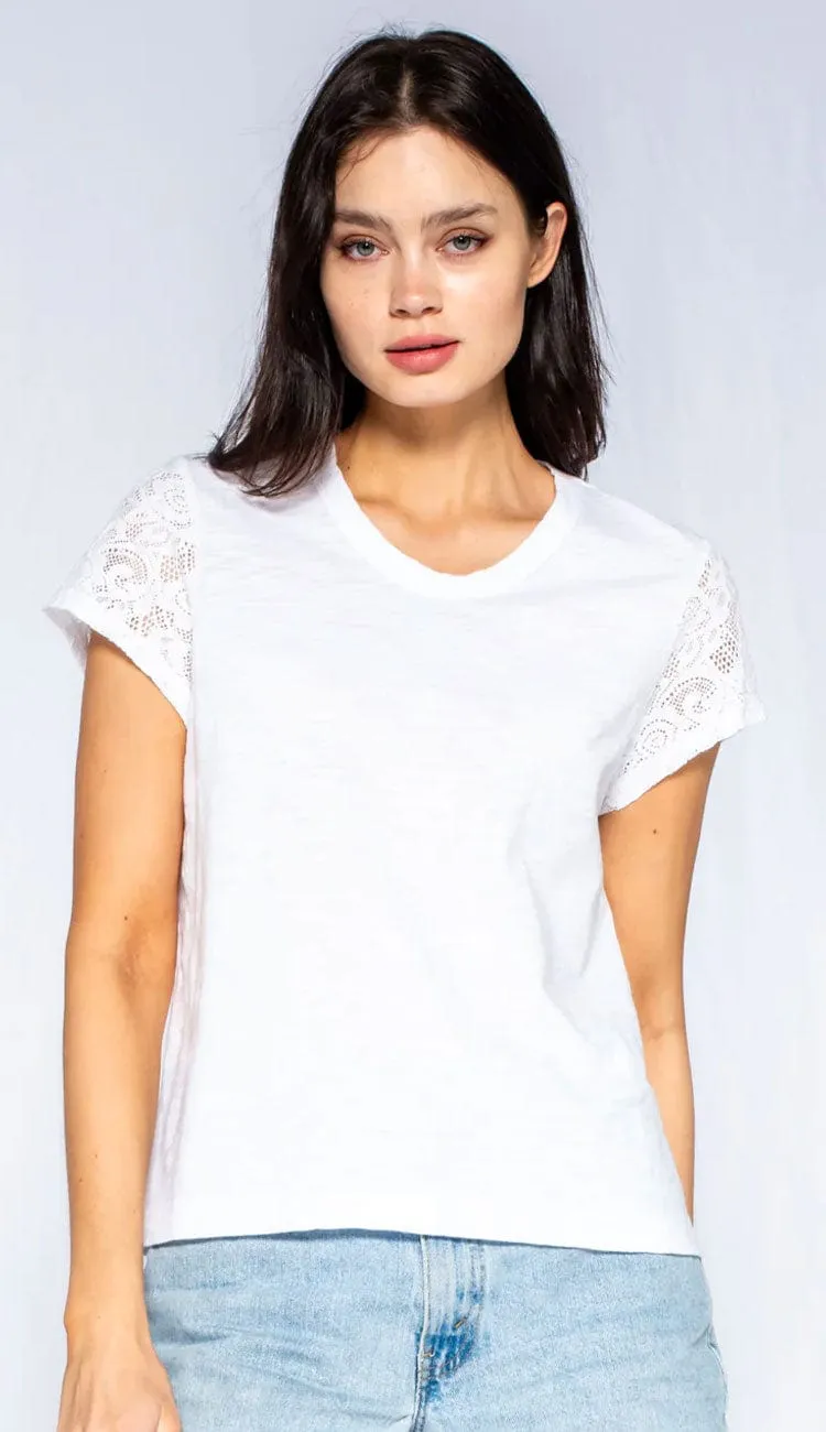 Shrunken Crew Tee with Lace Sleeves - White