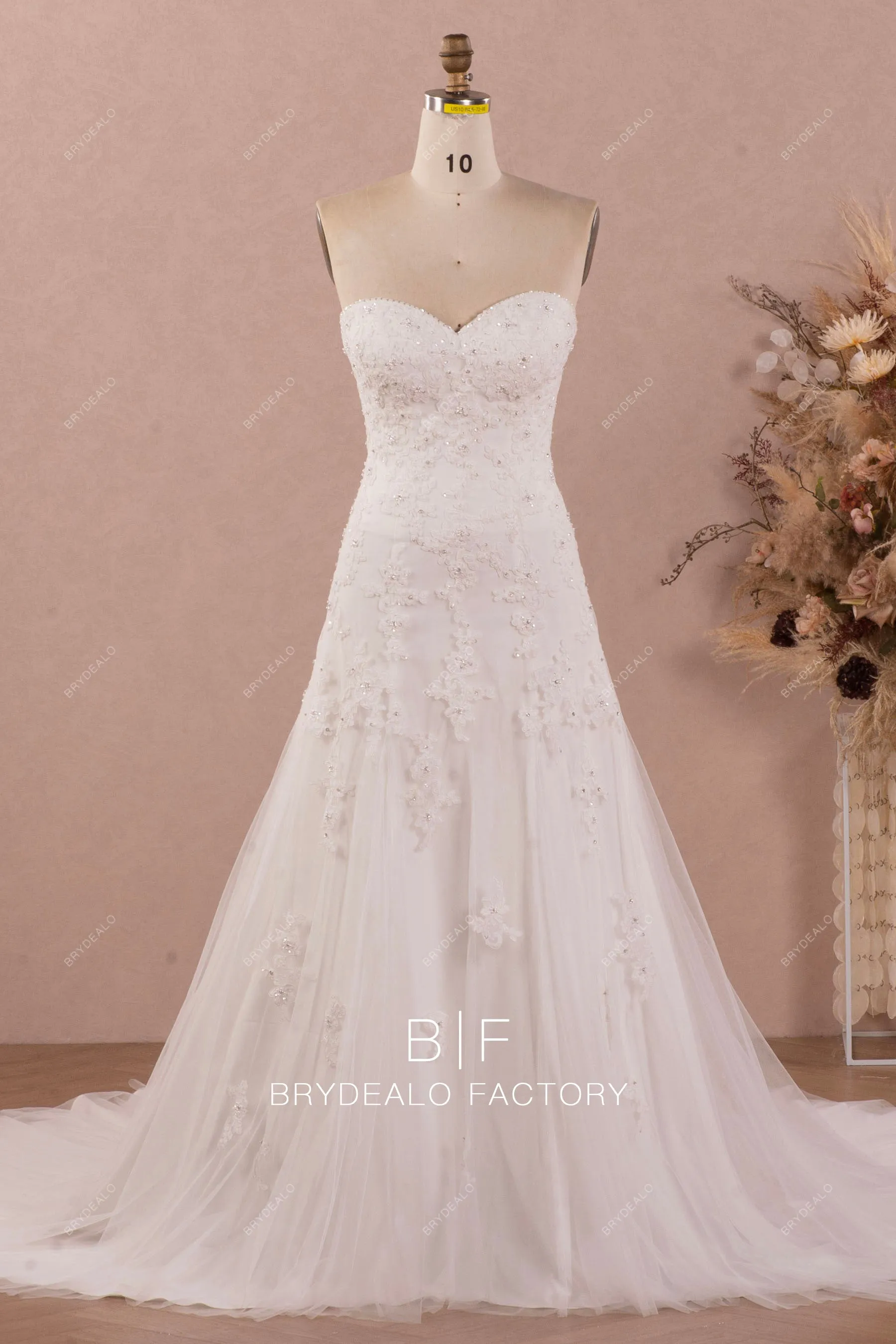 Strapless Sweetheart Beaded Lace Fit and Flare Garden Wedding Dress