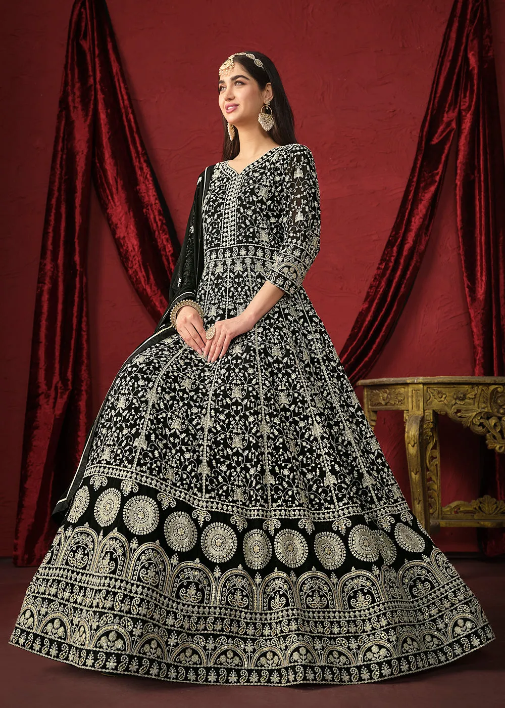 Stunning Black Front & Back Embroidered Trendy Anarkali Suit