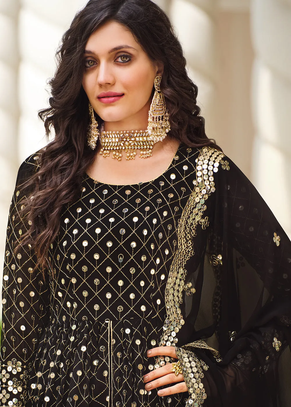 Supreme Black Sequins Wedding Pant Style Anarkali