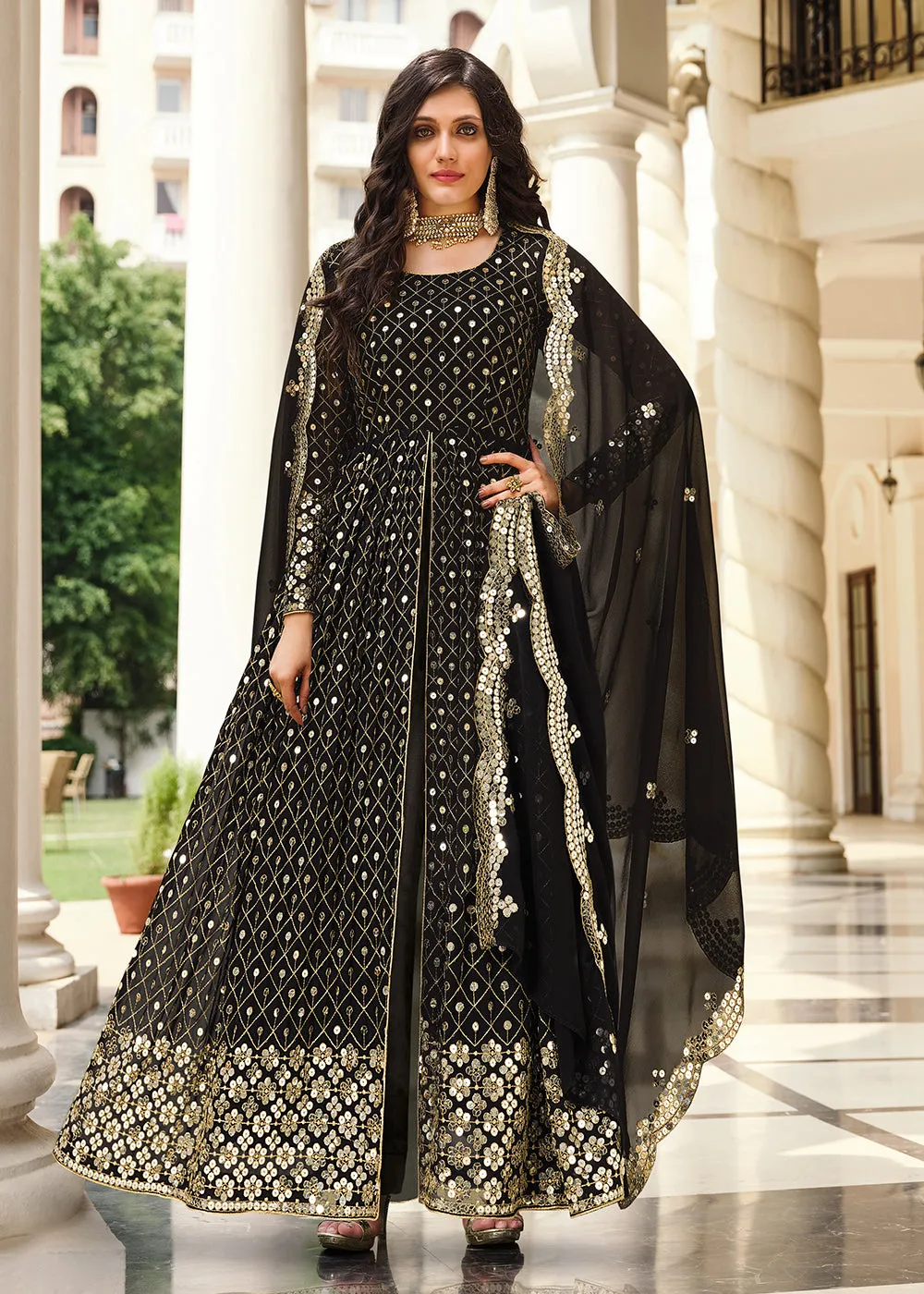 Supreme Black Sequins Wedding Pant Style Anarkali