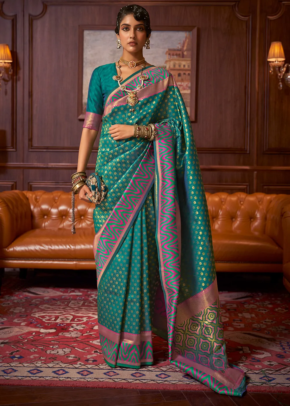 Teal Green Handloom Woven Banarasi Silk Saree