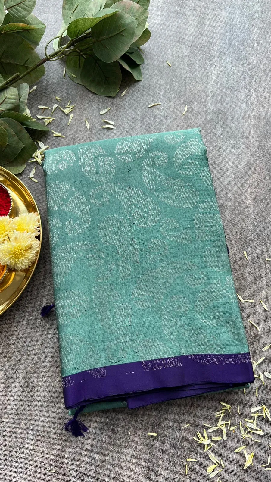 Tiffany blue kanjivaram soft silk saree with blouse