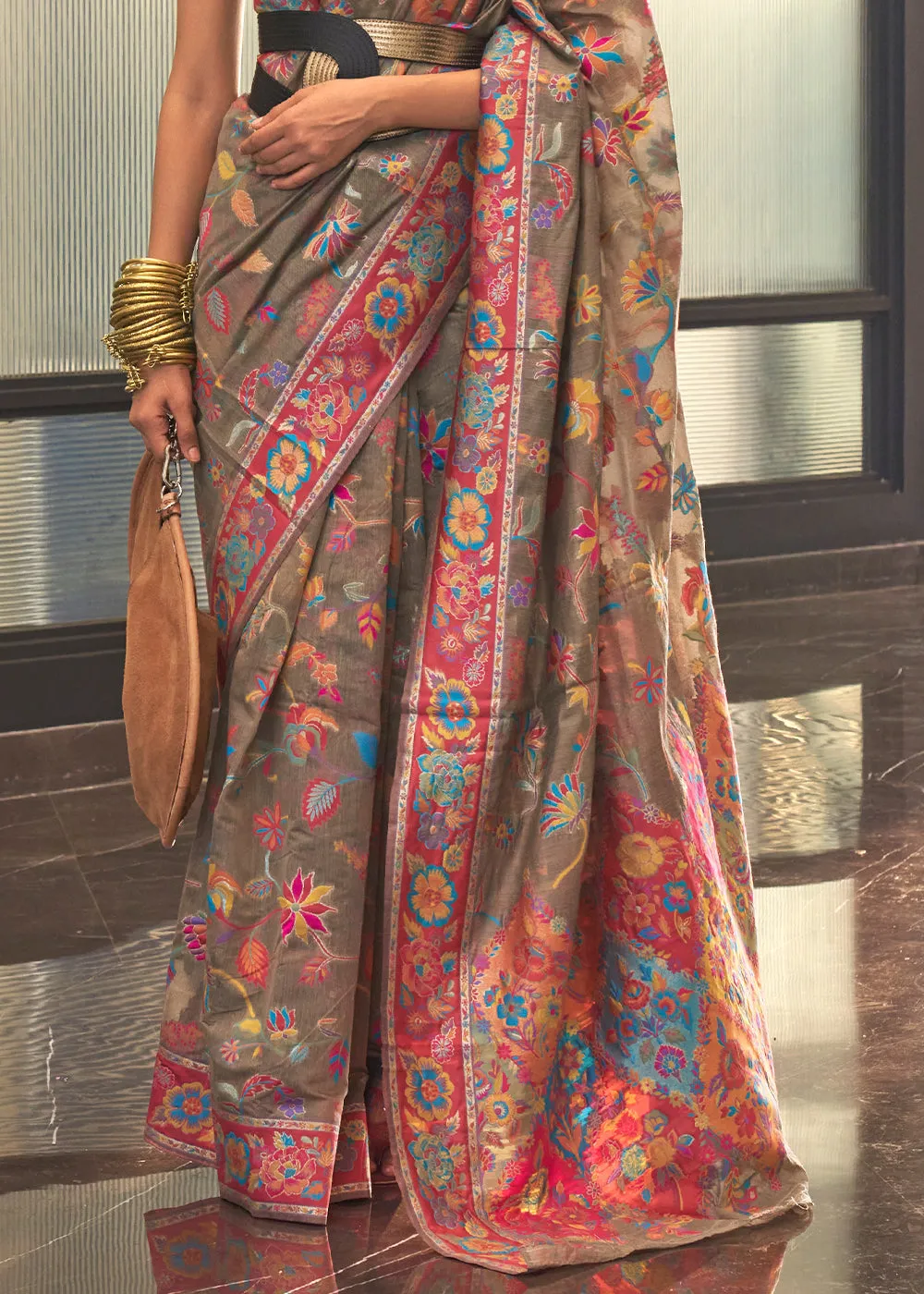 Umber Brown Jamawar Woven Cotton Silk Saree