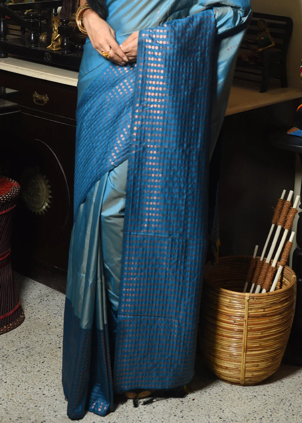 Vivid Cerulean Blue Two Tone Zari Woven Banarasi Silk Saree