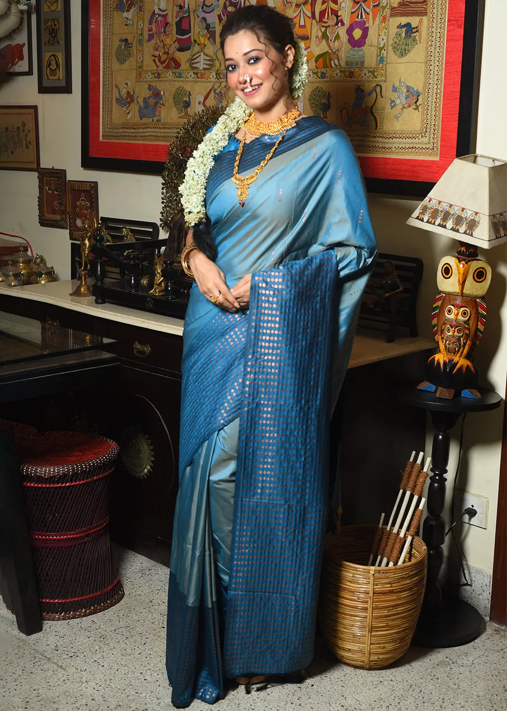 Vivid Cerulean Blue Two Tone Zari Woven Banarasi Silk Saree