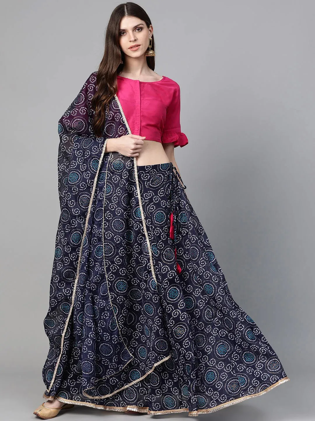 Women'S Navy Blue & Pink Bandhani Print Ready To Wear Lehenga With Blouse & Dupatta