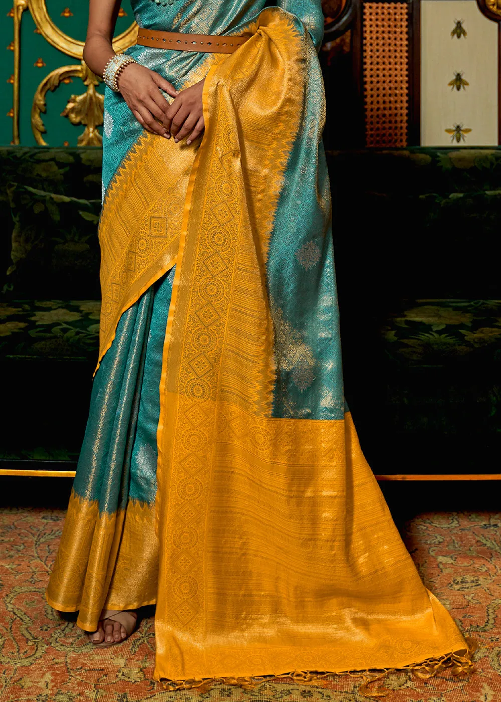 Yellow & Blue Zari Woven Silk Saree with Tassels on Pallu