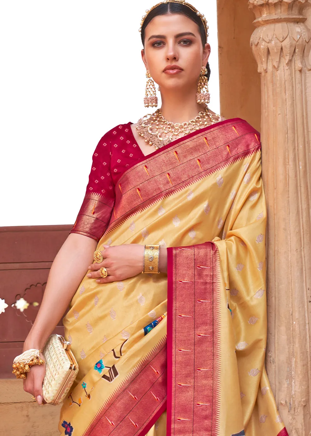 Yellow & Red Paithani Silk Saree