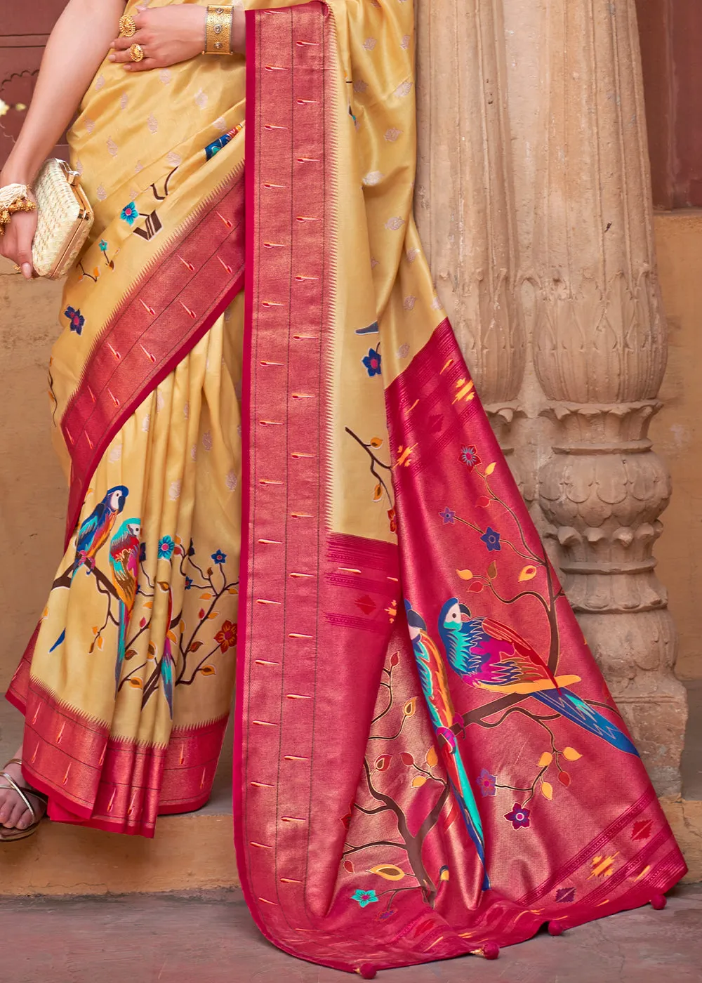 Yellow & Red Paithani Silk Saree