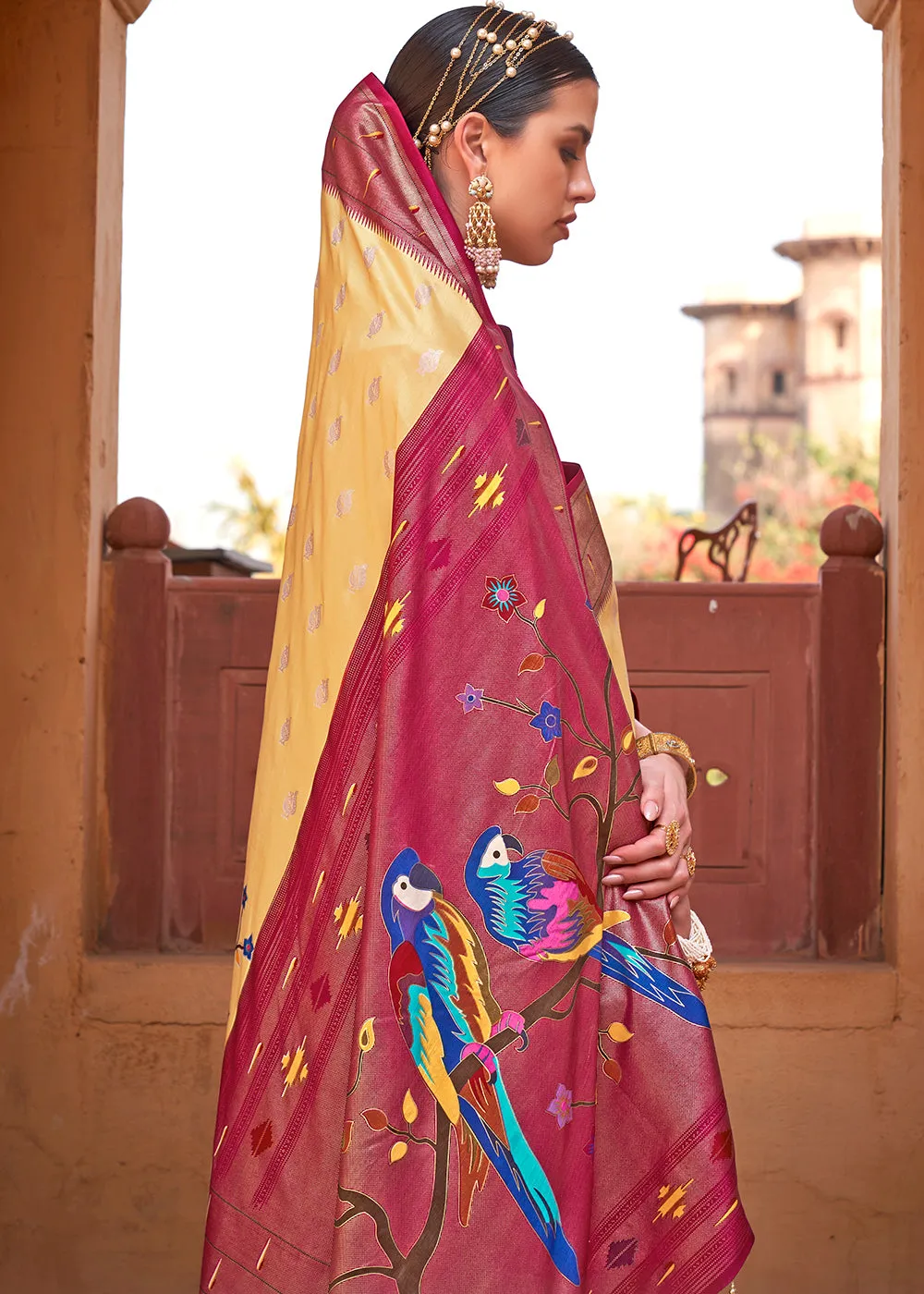 Yellow & Red Paithani Silk Saree